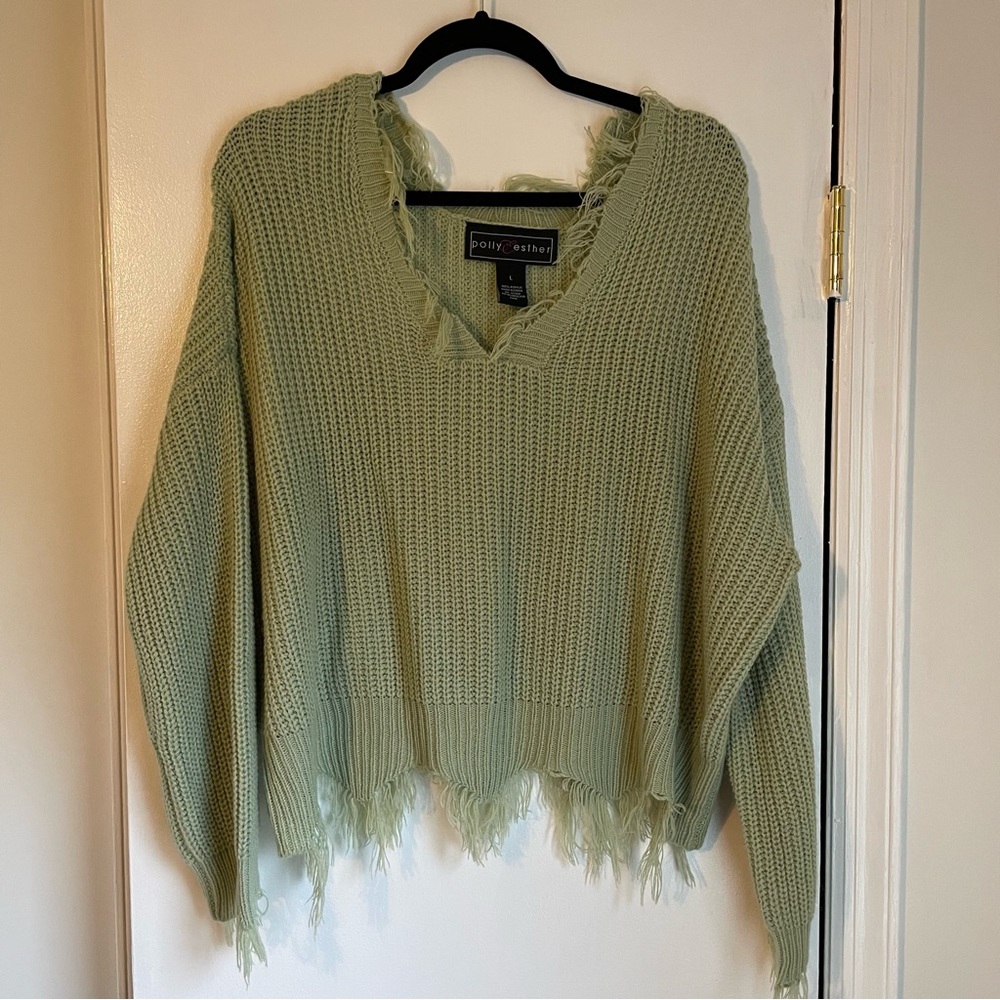Polly & Esther Fringe V Neck Distressed Sage Green Sweater